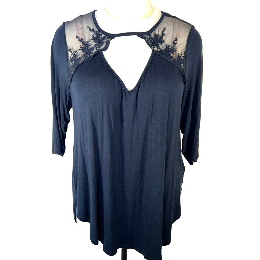 Torrid - Blouse Women's 4X Navy Blue Keyhole Neck 3/4 Sleeve Round Hem